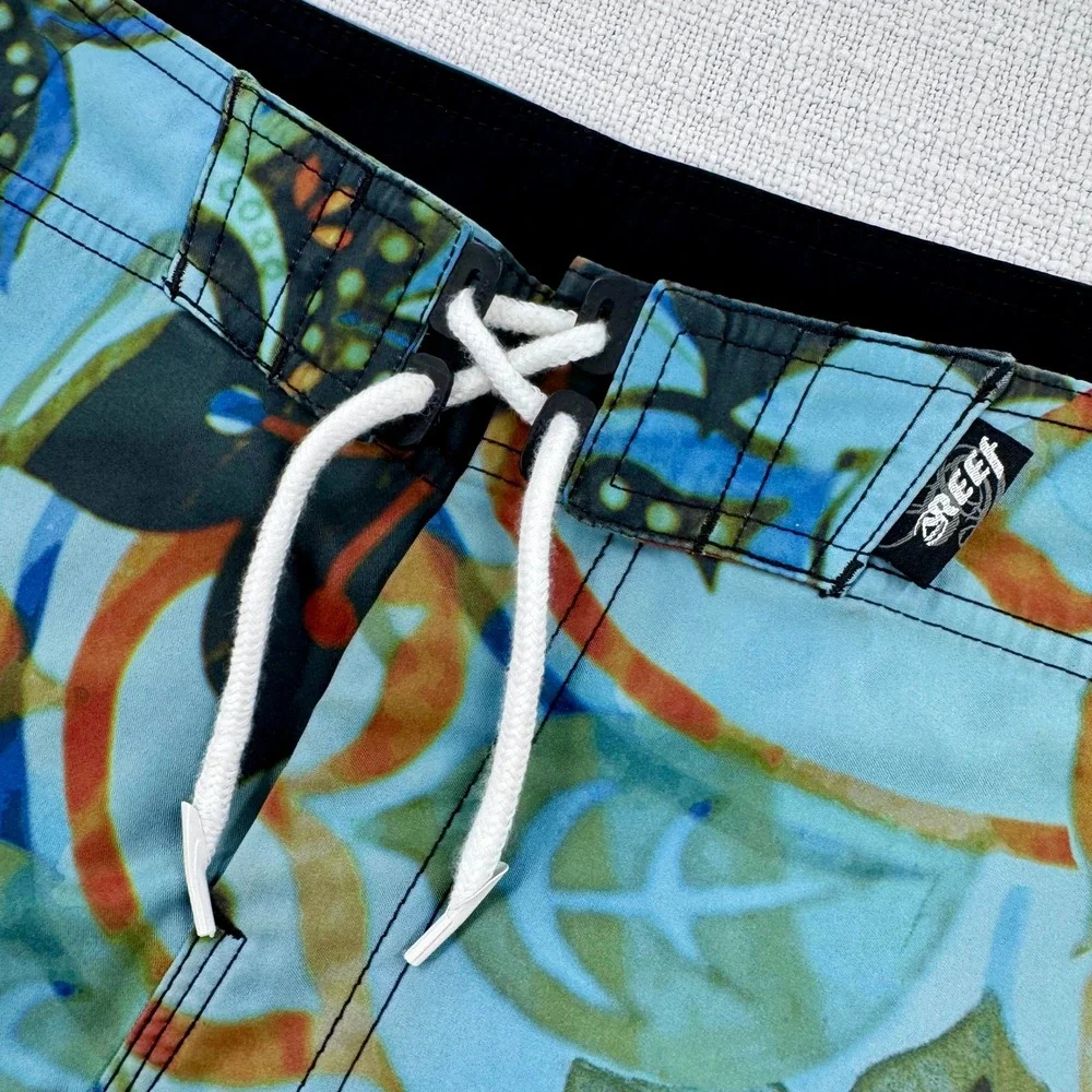 Reef Mens Vintage Y2K Board Shorts 36 Aqua Blue Tropical Floral Swim Trunks Surf